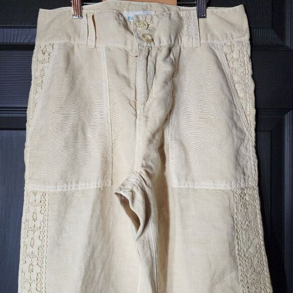 Sundance Sz. 4 New Linen Cotton Blend Organia Lace Pants in Sand Boho Lagenlook - Picture 6 of 16